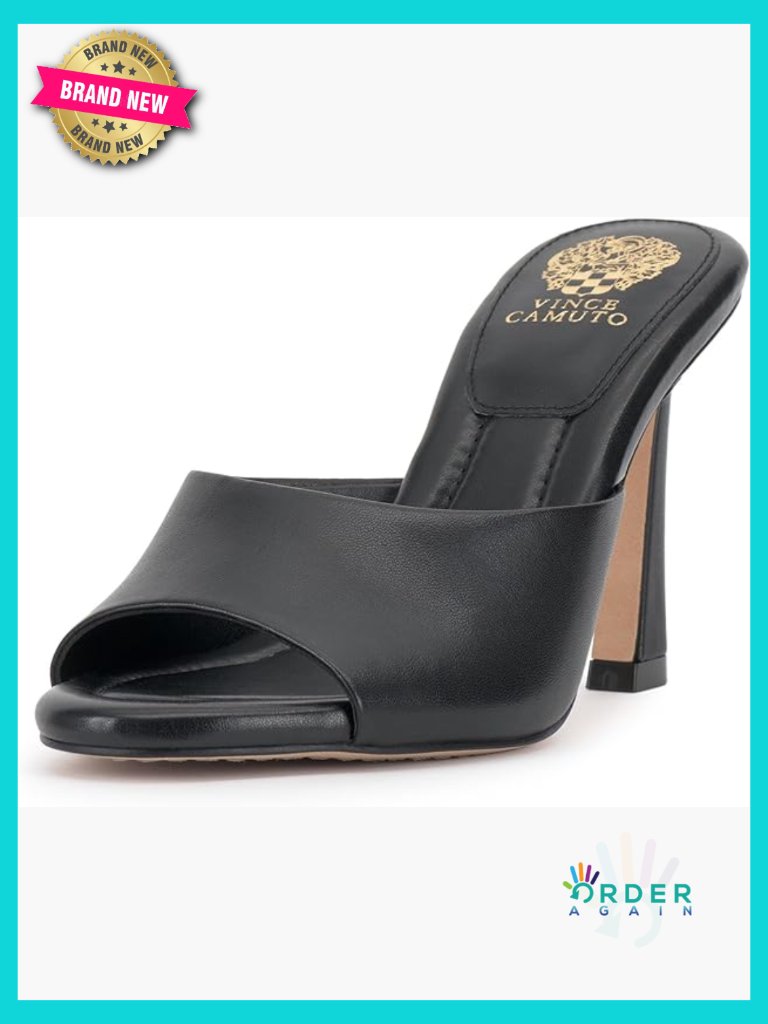 Heeled Mule Sandals Open Toe Flare Heel Slip On Padded Footbed Leather